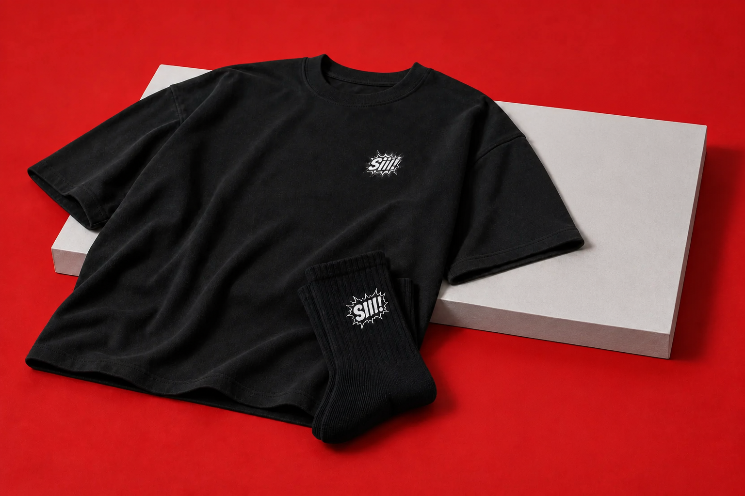 Zwart-wit SIII! shirt en sokken op rode achtergrond